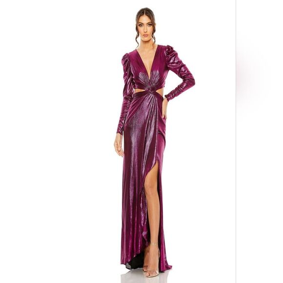 NWT Mac Duggal Women's Princess Sleeve Cut Out Metallic Gown - BLACK - Picture 10 of 11